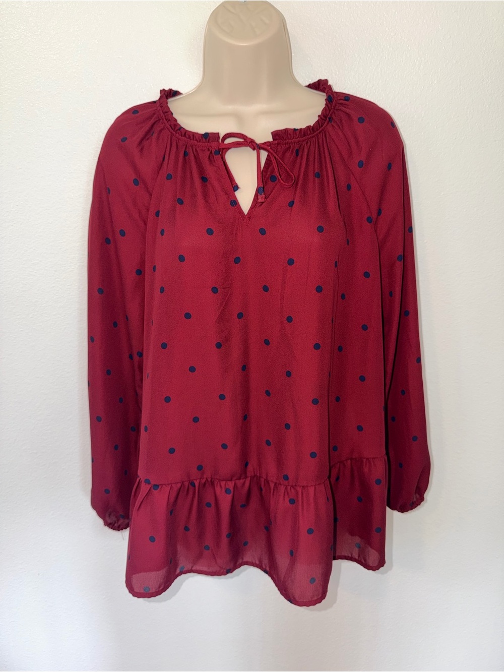 Old Navy Burgundy Peasant Blouse with Navy Polka Dots